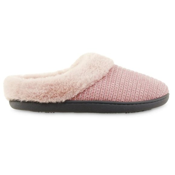 Isotoner Chenille Ann Hoodback Slippers pink & cream fur trimmed slip on 8.5-9 L